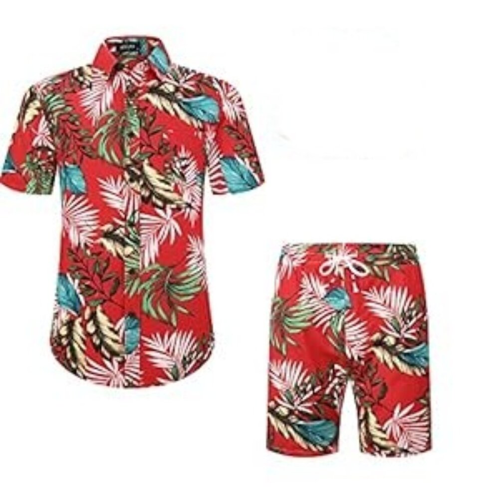 MCEDAR Men's Hawaiian Shirt and Shorts -  2 Piece Vacation Outfit - Size L